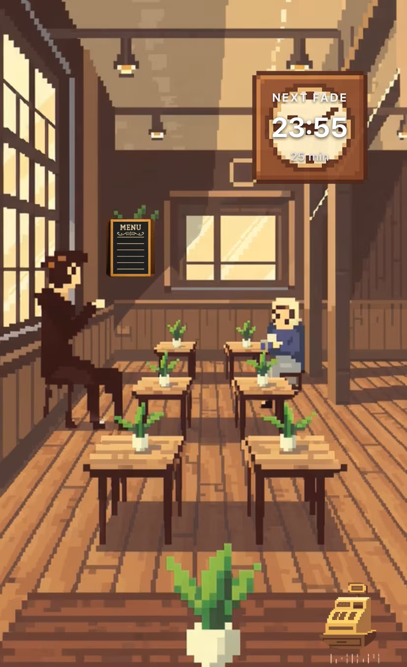 Jazz Café app screenshot showing the café interior playlist